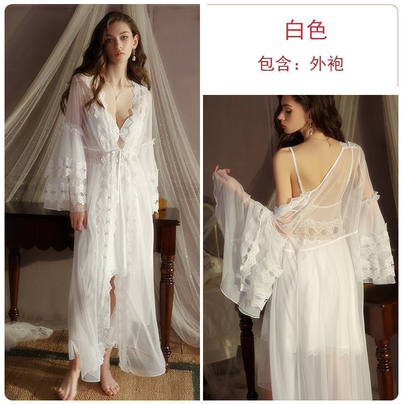 DZ Magnificent Plus Size Pure Desire Ice Silk Underwear Deep V Padded Temptation Lace Nightdress Robe Women's Set XJ5369