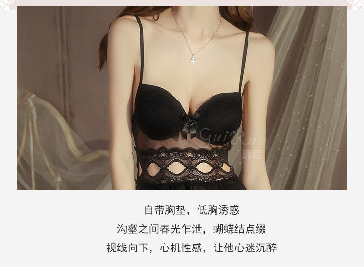 DZ Magnificent Plus Size Pure Desire Ice Silk Underwear Deep V Padded Temptation Lace Nightdress Robe Women's Set XJ5369