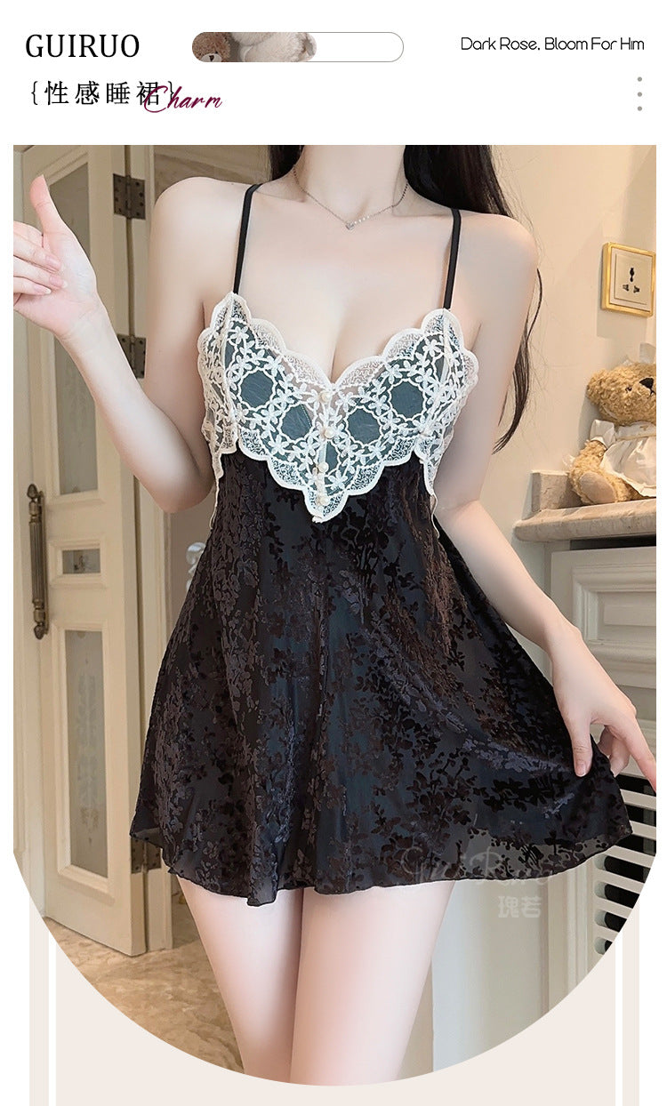 DZ Gorgeous Sexy Jacquard Velvet Pajamas Light Luxury Temptation with Chest Pads Deep V Backless Nightdress Homewear Set5756