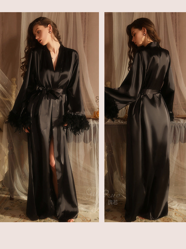 DZ Gorgeous Plus Size Ice Silk Temptation Nightgown Sexy Hot Waist-Cinching Lazy Deep V Open-front Robe Women's Set5711