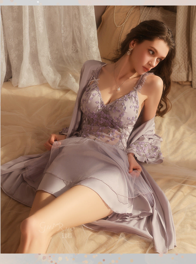 DZ Luxurious Ice Silk Lingerie Sweet Temptation Lace Deep V Padded Nightdress with Open Front Robe Set M5516