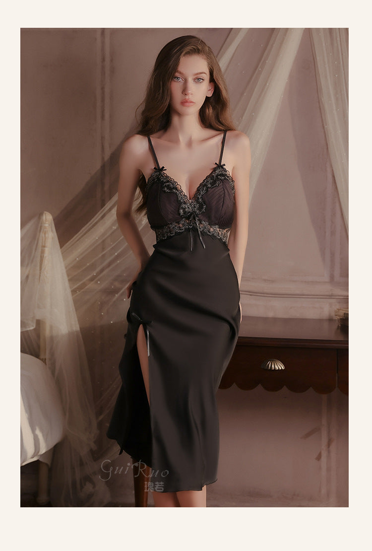 DZ Gorgeous Autumn Winter Sexy Slit Nightdress with Chest Pads Gathered Strap Nightgown Robe Homewear Set P4200