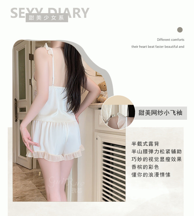 Rose-like Deep V Push-Up Padded Ice Silk Lingerie Passionate Temptation Mesh Camisole Long and Short Pants Three-Piece Set5259