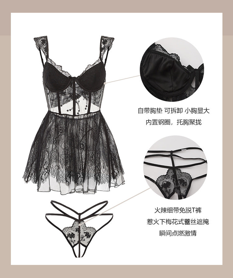 DZ Gueruo Brand Sexy Lingerie Hot and Deep V Backless Pure Desire Lace Nightdress Set with Underwire Bra Pads G5310