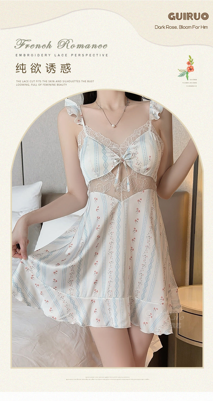 DZ Magnificent Pure Desire Smooth Satin Lingerie Passionate and Hot Deep V Sexy nightdress with chest pads home set4875