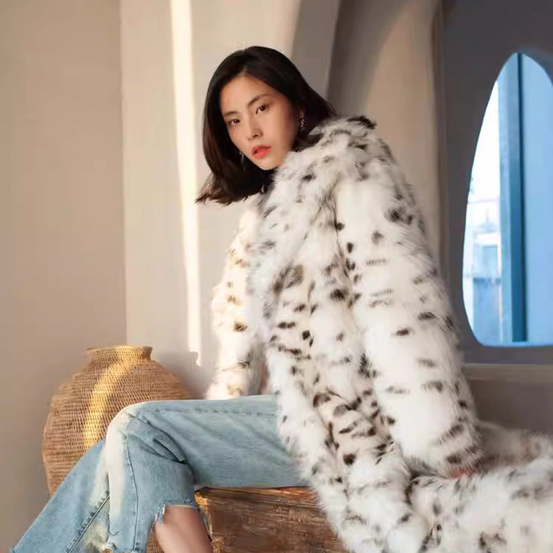 Winter Korean Style Leopard Print Shearling Coat for Women, Long Suit Collar Fox Fur Mink Coat