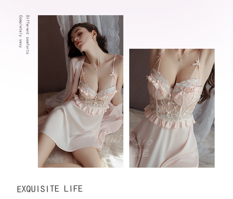 DZ Luxurious Plus Size Light Luxury Ice Silk Lingerie Passionate Hot Backless Sexy Padded Nightdress Robe Set4973