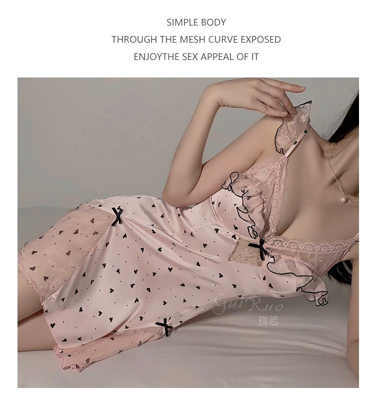 DZ Gorgeous Ice Silk Nightdress Sweet Mesh Lace with Chest Pads Plus Size Strap Nightdress Lazy Style Set P4823