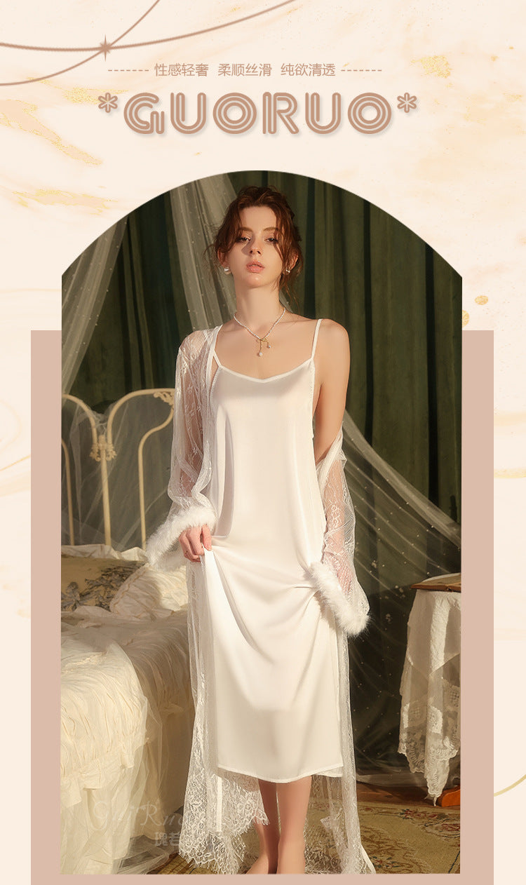 DZ Magnificent Pure Desire Backless V Lure Collar Ice Silk Camisole Nightdress Mesh Robe Women's Homewear Set5485