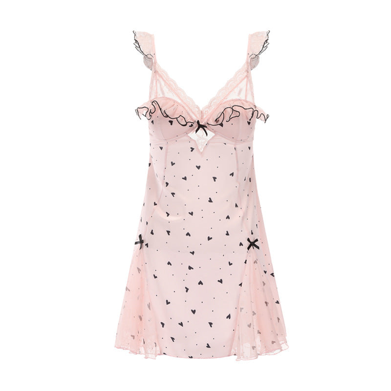 DZ Gorgeous Ice Silk Nightdress Sweet Mesh Lace with Chest Pads Plus Size Strap Nightdress Lazy Style Set P4823