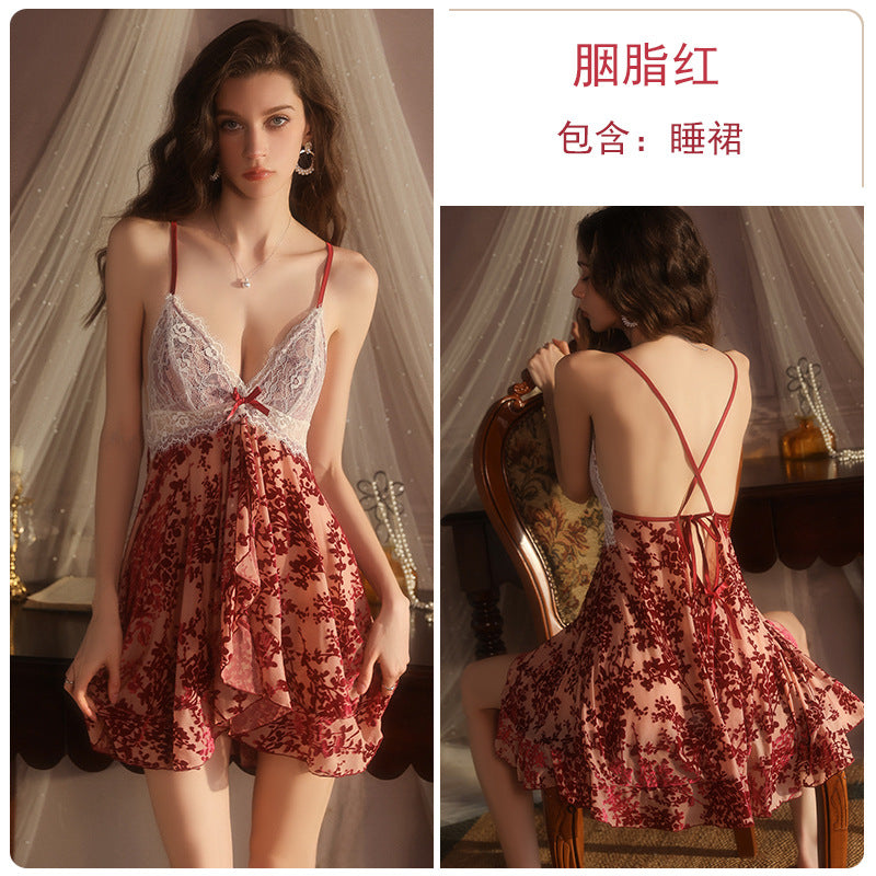 DZ Gorgeous Sexy Hot Backless Velvet Nightdress Passionate Temptation with Chest Pads Plus Size Homewear Set5913