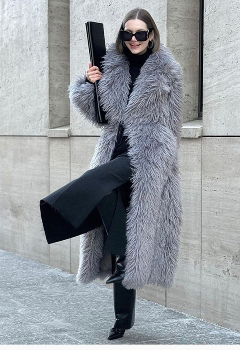 Long Fur Coat Long Hair Fur Winter Warm European and American Style Turn-Down Collar High-End Jacket
