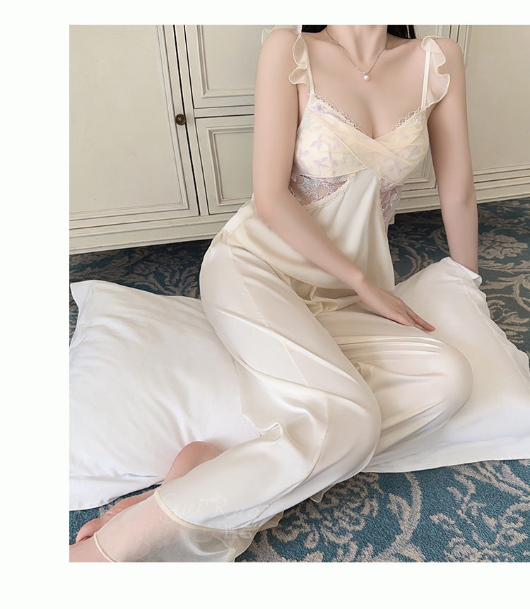 Rose-like Deep V Push-Up Padded Ice Silk Lingerie Passionate Temptation Mesh Camisole Long and Short Pants Three-Piece Set5259
