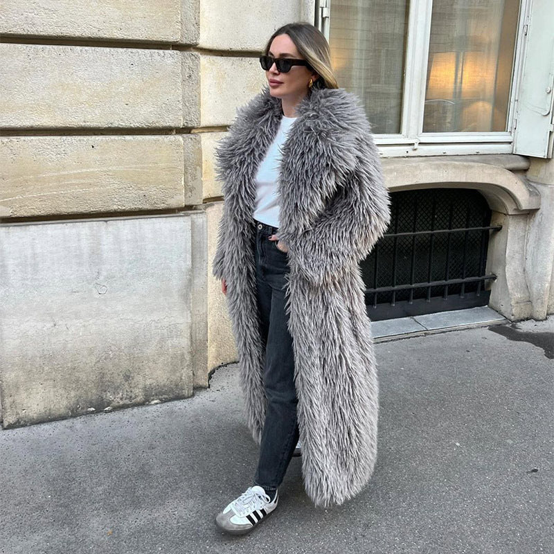 Long Fur Coat Long Hair Fur Winter Warm European and American Style Turn-Down Collar High-End Jacket