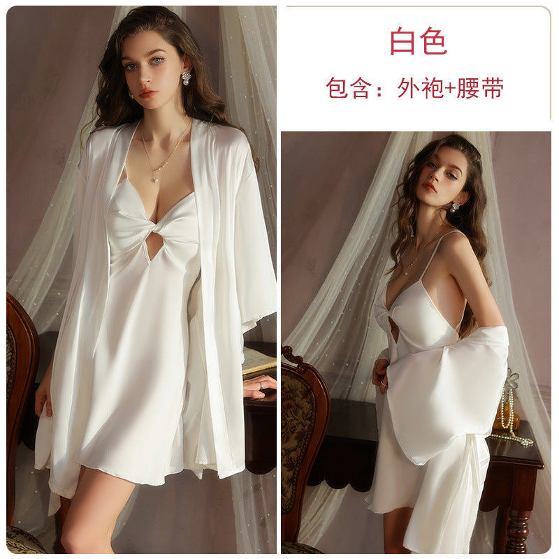 DZ Graceful Lady Sweet Light Luxury Satin Lingerie Passionate Hot Chest Pad Backless Nightdress Robe Set5591