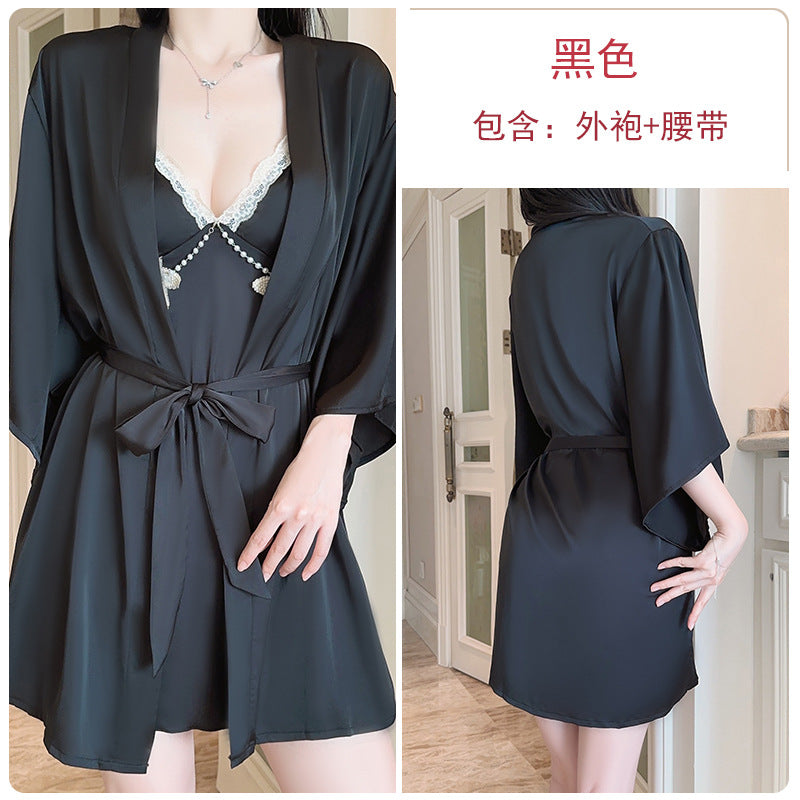 DZ Gorgeous Sexy Padded Nightdress Passionate Deep V Backless Light Luxury Satin Plus Size Nightdress and Robe Set A5271