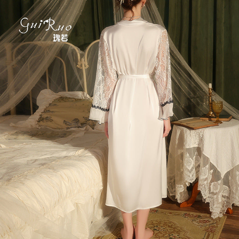 DZ Guiruo Brand Light Luxury Satin Nightgown Sweet See-through Lace Decoration Sexy Lace-up Robe Women's Set5471