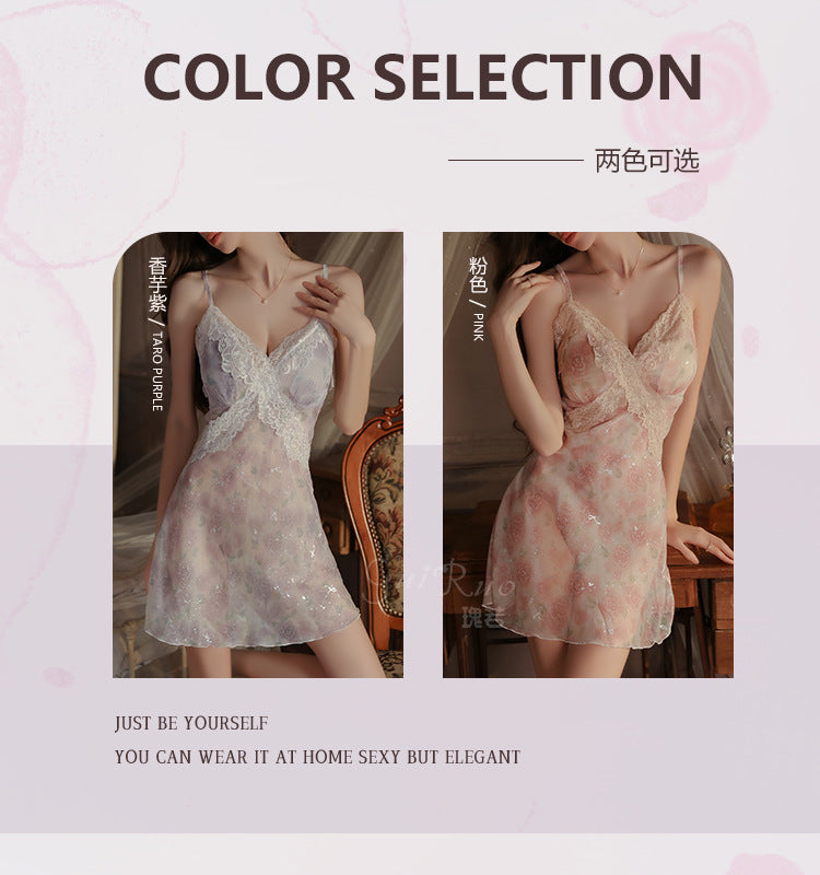 DZ Rose-like Deep V Padded Bra Sweet Sheer Chiffon Pure Desire Lace Camisole Nightdress Homewear Set4903