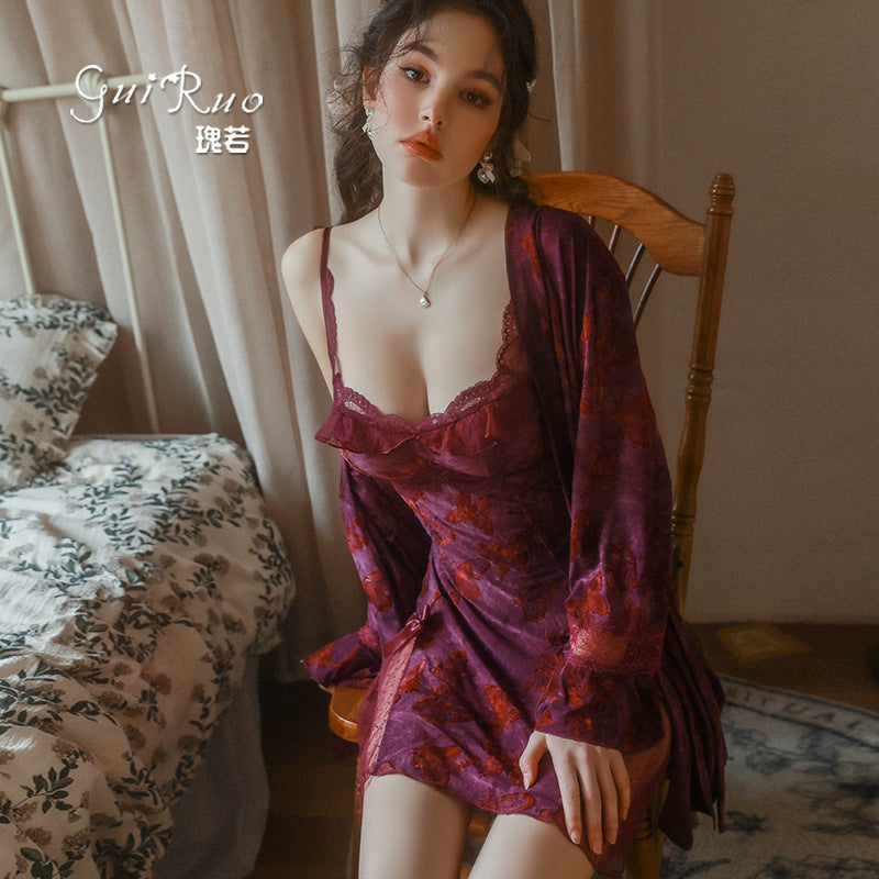 DZ Gorgeous Sexy Backless Nightdress Pure Desire Sweet Butterfly Print with Chest Pads Sleepwear Robe Women's Set QJ5286