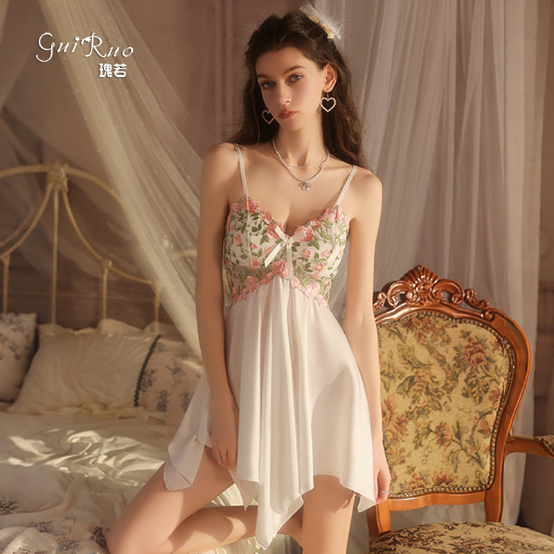 DZ Gorgeous Hot Padded Nightdress Light Luxury Mesh Backless Sexy Silky Satin Nightgown Homewear Set5228