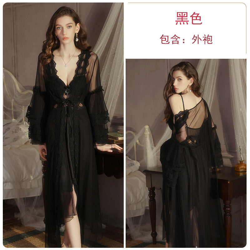 DZ Magnificent Plus Size Pure Desire Ice Silk Underwear Deep V Padded Temptation Lace Nightdress Robe Women's Set XJ5369
