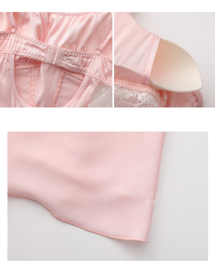 DZ Luxurious Plus Size Satin Nightgown Deep V Backless Pure Desire Sweet Nightdress with Chest Pads Home Set5395