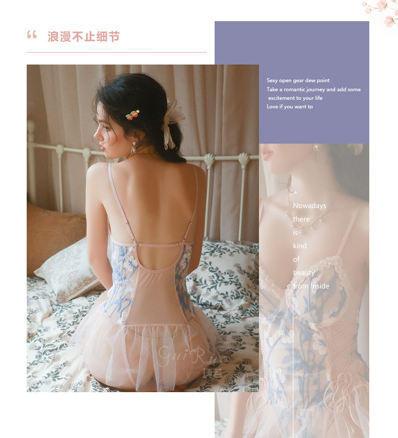 DZ Magnificent and Sensual Lingerie Sexy Deep V Backless Hot Gathered Underwire See-through Mesh One-piece Set5242