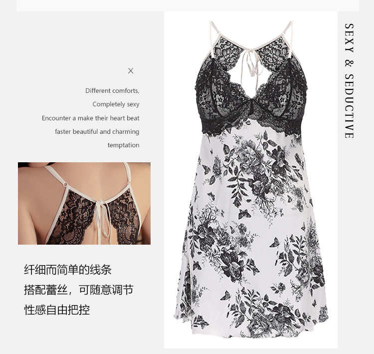 DZ Gorgeous Sweet Floral Sexy Nightdress Pure Desire with Chest Pads Sheer Lace Plus Size Nightgown Home Set4900