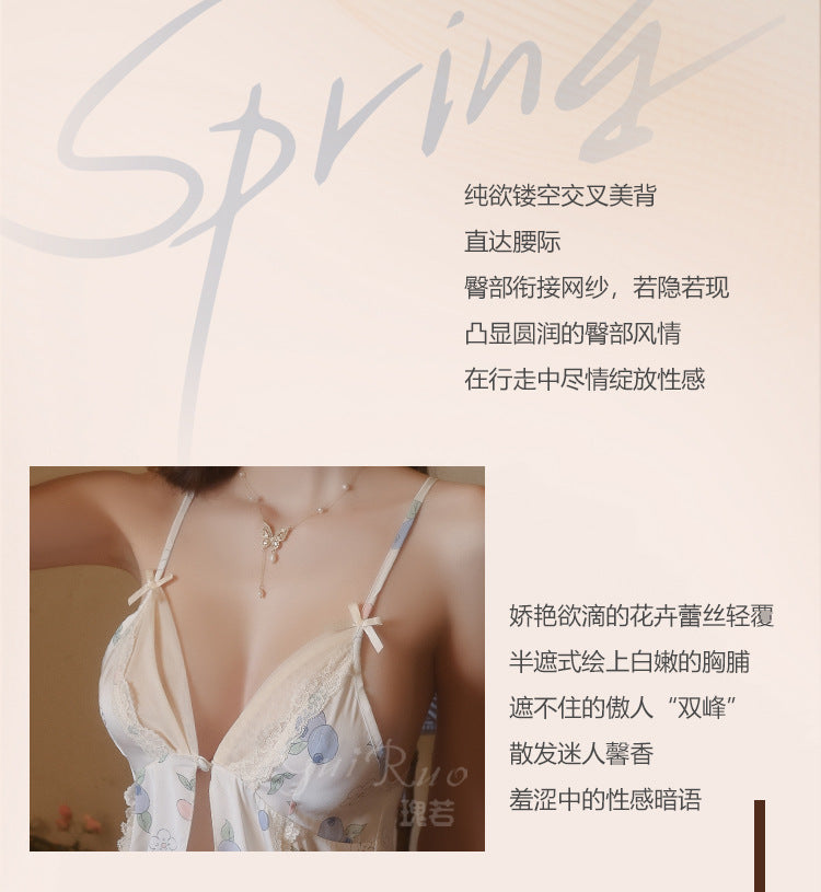 DZ Gorgeous Pure Desire Printed Satin Nightdress Passionate Hot Backless Sexy Open Front Plus Size Camisole Dress Set5140