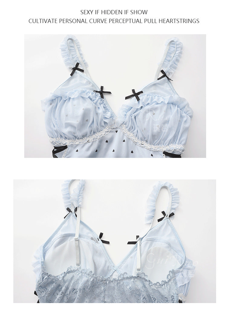 DZ Gorgeous Sexy Temptation Padded Bra Transparent Mesh Smooth Ice Silk Camisole Nightdress Deep V Suit P4848