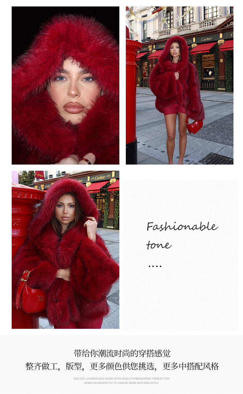 Solid Color Hooded Fur Coat Cross-Border European and American Style Eye-Catching Warm Comfortable Fashionable Fur