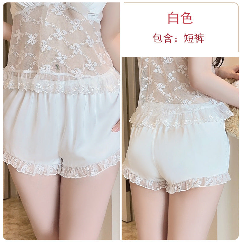 DZ Gorgeous Sweet Smooth Satin Lingerie Passionate Hot See-through Lace Padded Bra Top Three-piece Set5083