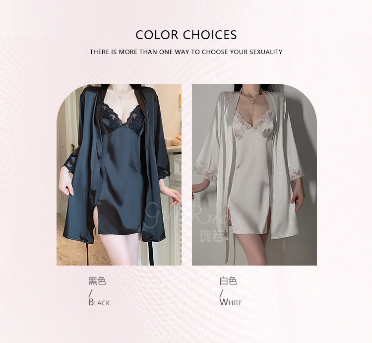 DZ Magnificent and fiery deep V Low-Cut Lingerie Pure Desire Simple Smooth Ice Silk Nightdress Lace-Up Robe Women's Set5149