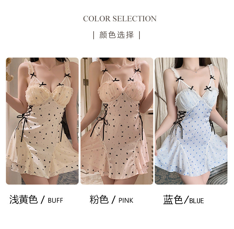 DZ Gorgeous Sexy Nightdress Pure Desire See-through Lace Hot Slim Fit with Chest Pads Plus Size Nightgown Home Set4902