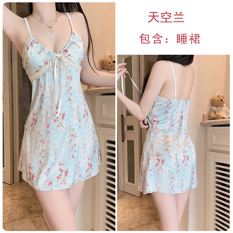 DZ Graceful New Luxury Silky Satin Printed Nightdress Sexy Temptation with Chest Pads Plus Size Set5298