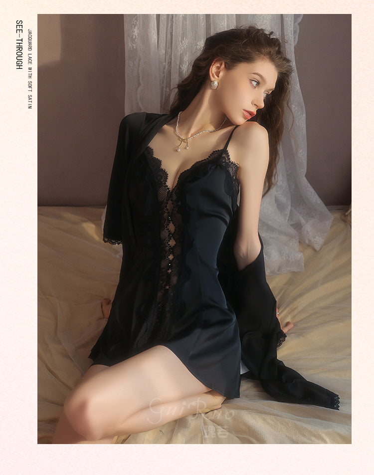 DZ Luxurious Smooth Ice Silk Nightdress Sexy Sheer Lace Deep V Open-front Nightdress and Robe Women's Set5219