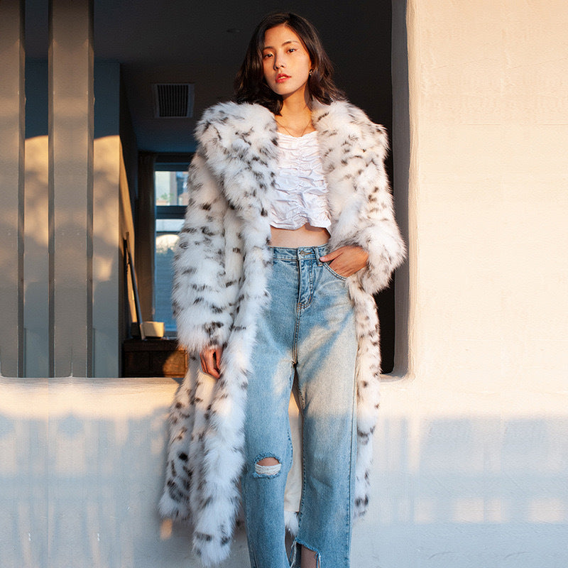Winter Korean Style Leopard Print Shearling Coat for Women, Long Suit Collar Fox Fur Mink Coat