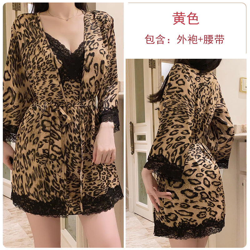 DZ Luxurious and Sexy Nightdress with Chest Pads, Sweet Ice Silk Nightgown and Robe Home Set4905