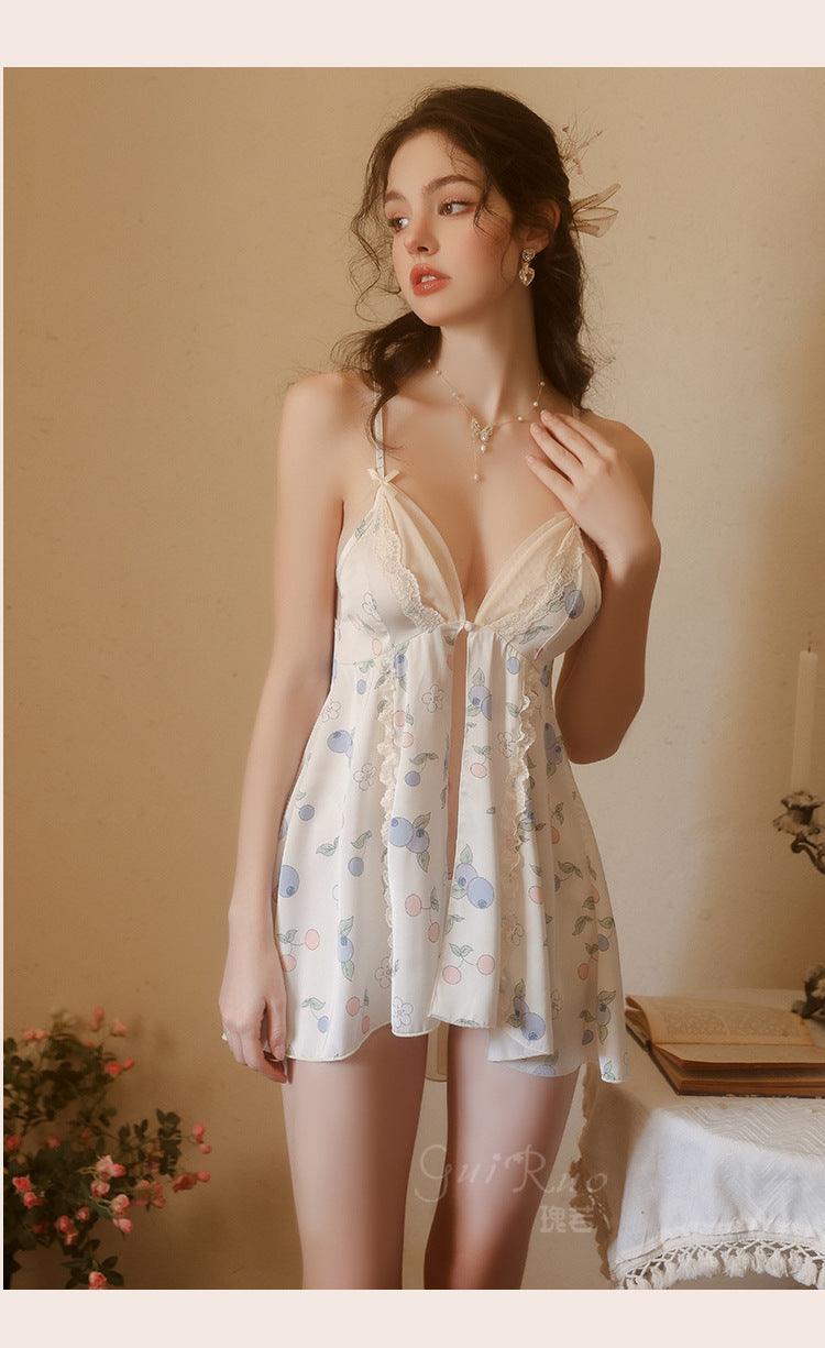 DZ Gorgeous Pure Desire Printed Satin Nightdress Passionate Hot Backless Sexy Open Front Plus Size Camisole Dress Set5140