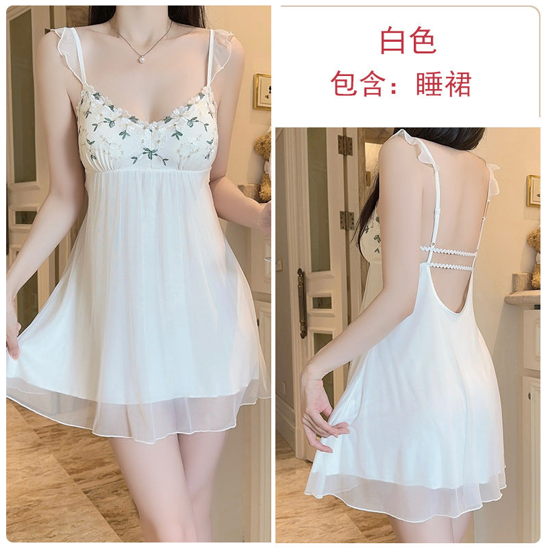 DZ Gorgeous Sexy Nightdress Passionate Temptation with Chest Pads Hot See-through Chiffon Lace Nightgown Robe Set5148