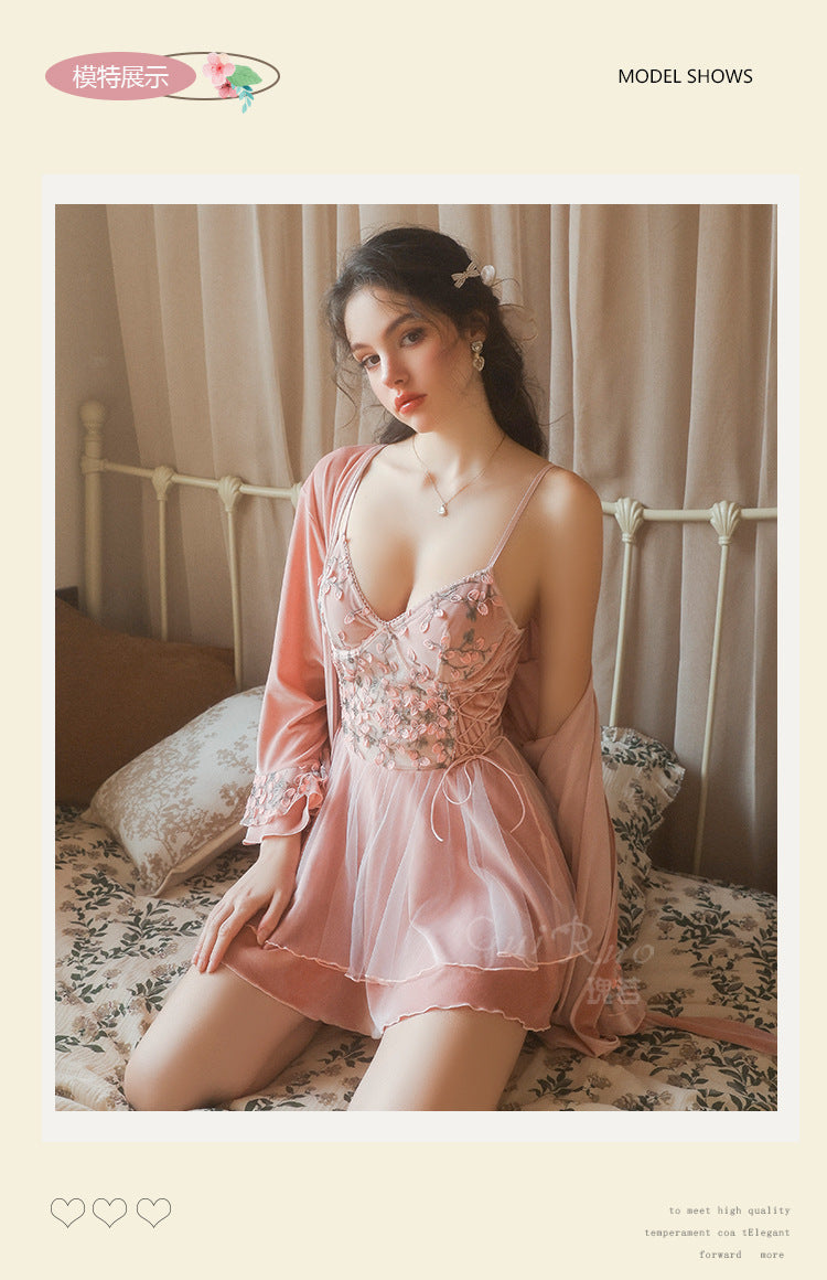 DZ Gorgeous Sexy Backless Temptation Velvet Sweet Underwire Gathered Camisole Nightdress Robe Loungewear C5240