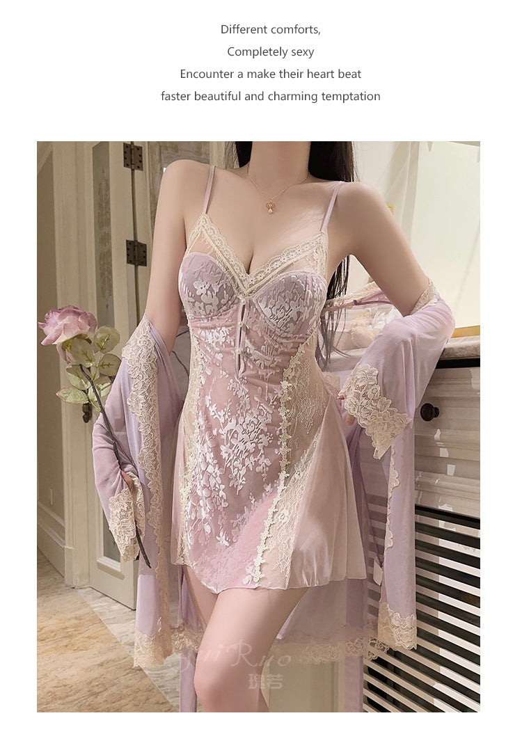 DZ Rose-like Deep V Padded Sleepwear Sweet Lazy Mesh Sexy Velvet Nightdress Robe Home Set C5928