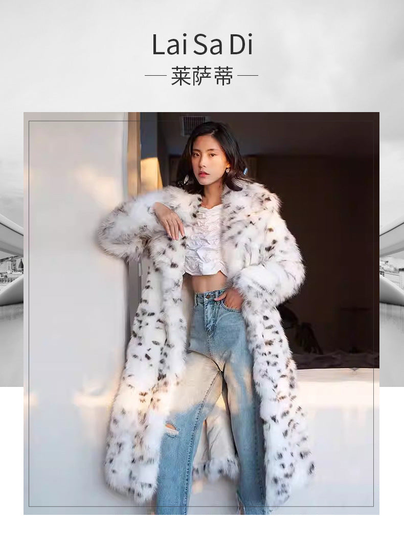 Winter Korean Style Leopard Print Shearling Coat for Women, Long Suit Collar Fox Fur Mink Coat