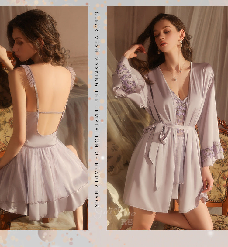 DZ Luxurious Ice Silk Lingerie Sweet Temptation Lace Deep V Padded Nightdress with Open Front Robe Set M5516