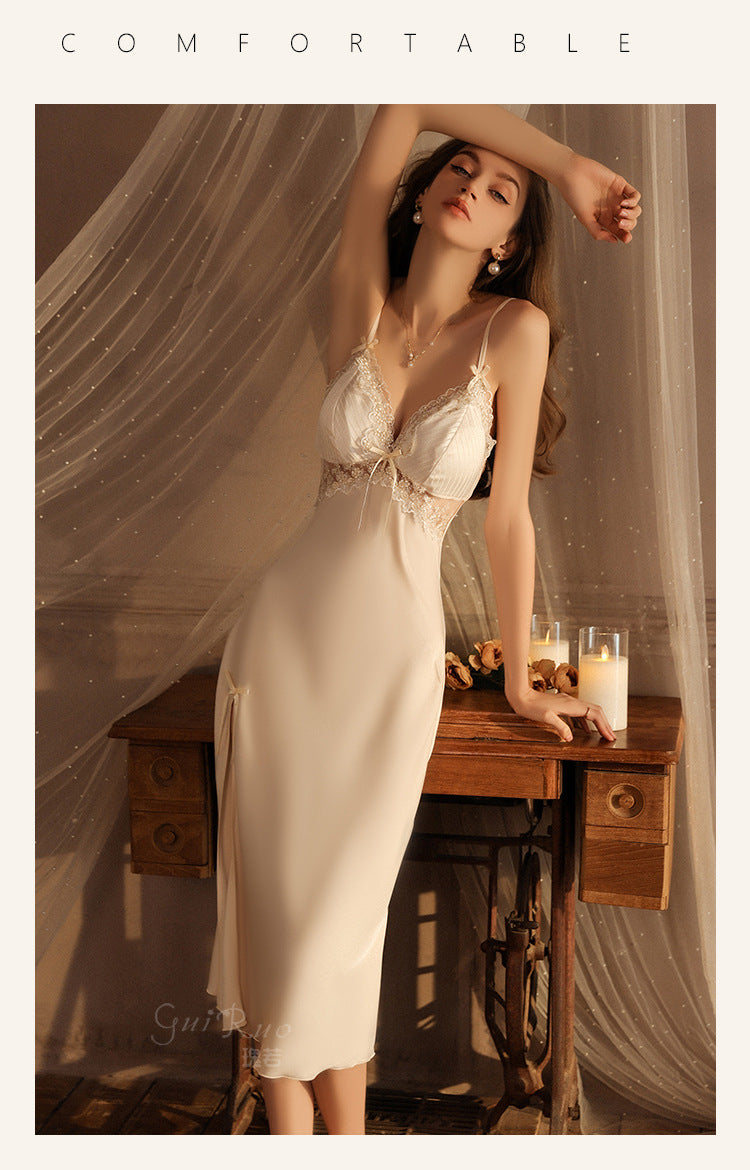 DZ Gorgeous Autumn Winter Sexy Slit Nightdress with Chest Pads Gathered Strap Nightgown Robe Homewear Set P4200