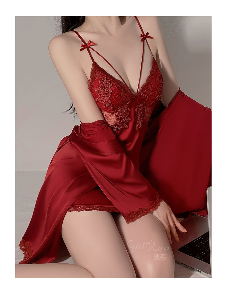 DZ Magnificent Summer Plus Size Nightdress with Chest Pads, Gathered Backless Strap Nightgown, Robe, Women's Homewear Set4372