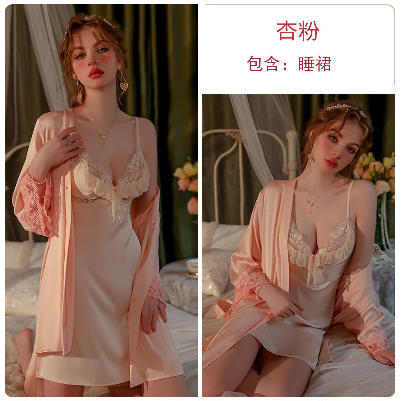 DZ Gorgeous Sexy Palace Style Padded Strap Nightdress Lace Robe Pure Desire Women's Homewear Set J2708