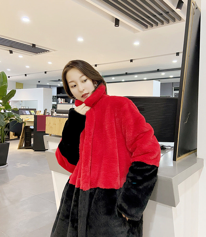 Loose mink fur stitching long coat Mao Mao suit collar women's coat