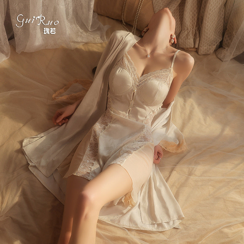 DZ Magnificent and fiery deep V Padded Bra Lingerie Pure Desire Backless Sexy Jacquard Nightdress Robe Home Set C5630