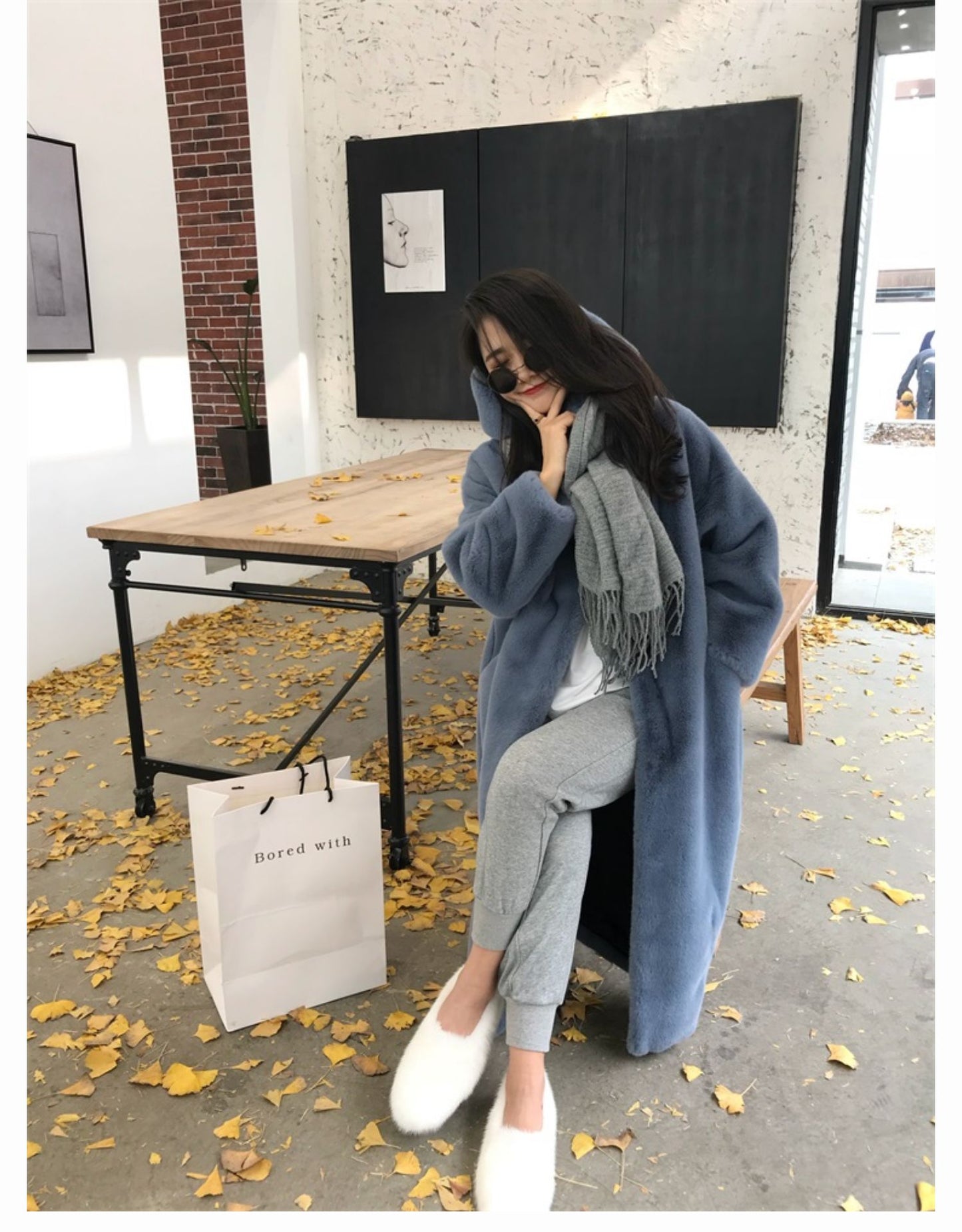 New Korean version of mink fur thick loose plush hooded long coat.